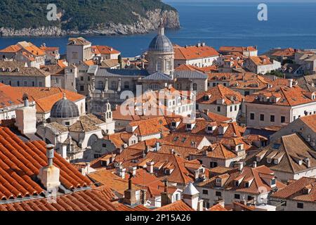 Vue sur les dômes de la cathédrale de Dubrovnik et l'église de St Blaise dans la vieille ville, centre historique de Dubrovnik, Dalmatie du Sud, Croatie Banque D'Images