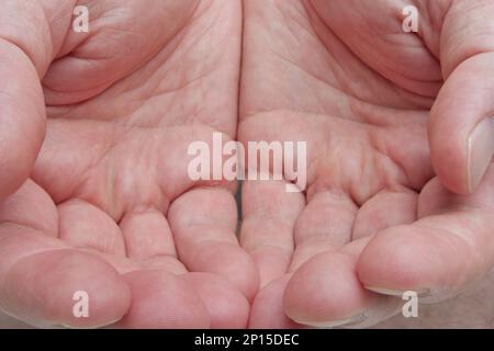 Hommes caucasiens à mains couillées. Vider les paumes ensemble, macro gros plan vue de dessus. Banque D'Images
