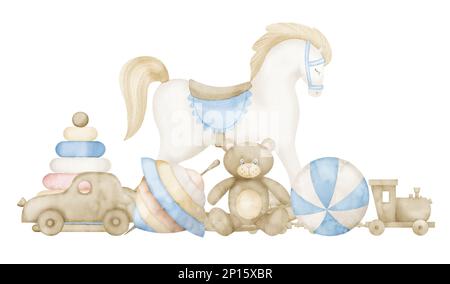 Illustration aquarelle avec Baby Toys dans les couleurs bleu pastel et beige. Illustration dessinée à la main avec cheval berçant et ours en peluche sur un arrière-plan isolé. Composition horizontale avec voiture et train. Banque D'Images