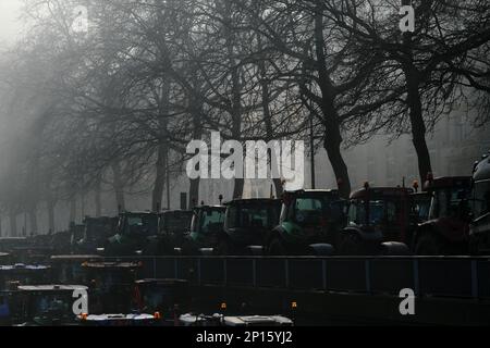 Bruxelles, Belgique. 03rd mars 2023. Les agriculteurs avec leurs tracteurs de la région du nord de la Belgique, en Flandre, prennent part à une manifestation contre un nouveau plan du gouvernement régional visant à limiter les émissions d'azote, à Bruxelles, en Belgique, sur 3 mars 2023. Crédit: ALEXANDROS MICHAILIDIS/Alamy Live News Banque D'Images