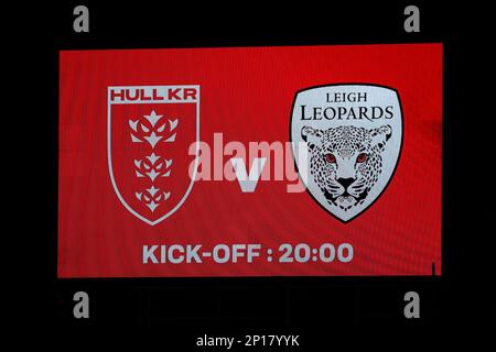 Kingston upon Hull, Royaume-Uni. 03rd mars 2023. Le grand tableau de bord montrant la présentation de ce soir avant le match de Betfred Super League Round 3 Hull KR vs Leigh Leopards au Sewell Group Craven Park, Kingston upon Hull, Royaume-Uni, 3rd mars 2023 (photo de James Heaton/News Images) à Kingston upon Hull, Royaume-Uni, le 3/3/2023. (Photo de James Heaton/News Images/Sipa USA) crédit: SIPA USA/Alay Live News Banque D'Images