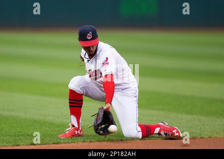 Francisco Lindor of the Cleveland Indians looks on before the game against  the Washington Nationa…