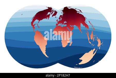 Vecteur de carte du monde. Projection polyconique rectangulaire (War Office). Monde en dégradé orange rouge sur les vagues bleu profond de l'océan. Superbe illustration vectorielle. Illustration de Vecteur