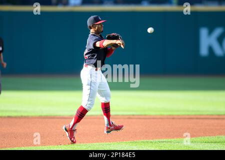 Francisco Lindor of the Cleveland Indians looks on before the game against  the Washington Nationa…