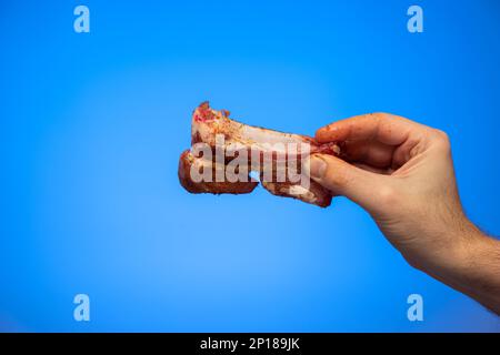 Côte de porc en tranches assaisonnée et crue tenue par un mâle caucasien tiré en studio isolé sur fond bleu. Banque D'Images