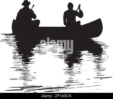 Deux personnes faisant du canoë sur un lac dans le soleil d'été de fin d'après-midi. Illustration de Vecteur