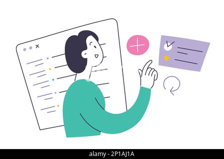 Woman utilise une application d'organiseur personnel pour planifier sa journée, femme caractère marque à faire liste case à cocher comme fait, illustration vectorielle plate Illustration de Vecteur