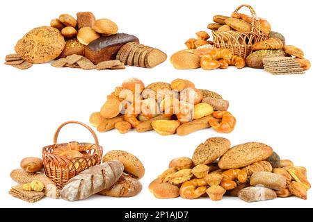 Grande collection de produits de boulangerie frais isolés sur fond blanc Banque D'Images