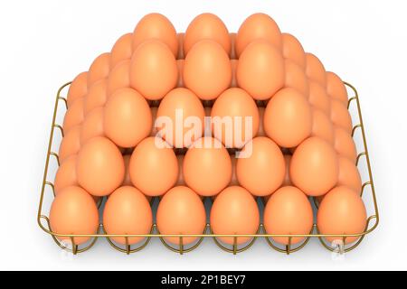 Cultivez des œufs bruns biologiques crus dans un plateau métallique ou du carton en papier sur fond blanc. 3d rendu des oeufs de poulet frais pour omelette ou œuf frit brouillés fo Banque D'Images