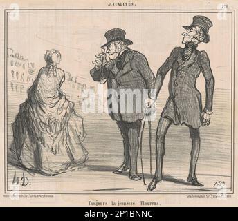 Toujours la jeunesse - Flourens, 19th siècle. Les hommes admirent une jeune femme de derrière. Banque D'Images