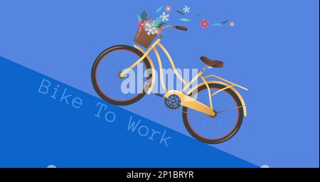 Illustration d'une bicyclette avec des fleurs dans le panier et vélo pour travailler le texte sur fond bleu Banque D'Images