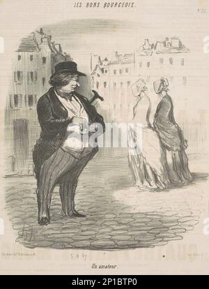 Un amateur, 19th siècle. Homme portly avec boîte de tabac à priser regardant deux femmes passant. Banque D'Images