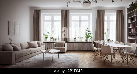 Salon scandinave élégant avec canapé design à la menthe, meubles, carte à poster maquette, plantes et accessoires personnels élégants. Décoration moderne Banque D'Images