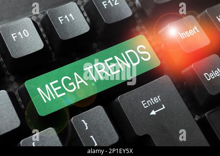Légende présentant Mega Trends. Les entreprises présentent des phénomènes puissants qui ont un impact sur les fondations de notre monde Banque D'Images