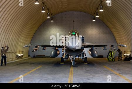 ÉTATS-UNIS Les aviateurs de l'escadron de génération de chasseurs 36th de la Force aérienne effectuent des vérifications avant le vol d'un faucon de combat F-16 lors d'un événement d'entraînement à la base aérienne de Daegu, République de Corée, le 31 janvier 2023. Des aviateurs ont participé à un déploiement simulé à Daegu et à Gwangju afin de tester leur capacité à mener des opérations d'urgence pour la défense de la ROK. Au cours de la formation, les agents de maintenance ont entretenu, récupéré et lancé des aéronefs afin d'accroître leur préparation et d'améliorer l'interopérabilité avec les pilotes. Banque D'Images