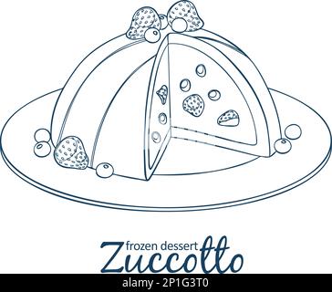 Zucotto dessert avec icône de baies, dessin animé vectoriel linéaire noir et blanc illustration Illustration de Vecteur
