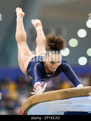 Doha, Qatar. 3rd mars 2023. La médaillée d'or, Coline Devillard (C) de ...