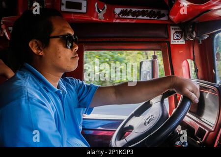 3 mars 2023, région métropolitaine de Manille, région de la capitale nationale, Philippines : Mark, Un chauffeur de jeepney, conduire un jeepney traditionnel pour transporter des passagers dans la région métropolitaine de Manille, aux Philippines, sur 3 mars 2023. Depuis des décennies, les navetteurs se sont appuyés sur le jeepney, un moyen de transport dynamique et emblématique aux Philippines. Elle est considérée comme une représentation emblématique du transport philippin et est devenue un symbole national. Les premières jeepneys ont été convertis en jeeps militaires américains abandonnés aux Philippines après la Seconde Guerre mondiale en véhicules de transport public uniques qui pouvaient accueillir u Banque D'Images