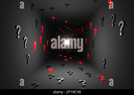 Points d'interrogation symboles icône tunnel fond noir 3D rendu. Cyber numérique questions, symbole, poser, poser, essentiels, réflexion sur la confusion Banque D'Images