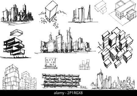 beaucoup de dessins architecturaux dessinés à la main d'une architecture moderne et des idées urbaines, des bâtiments et des gens Banque D'Images