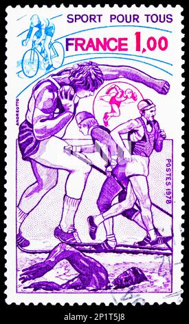 MOSCOU, RUSSIE - 15 FÉVRIER 2023: Timbre-poste imprimé en France montre Sport pour tous, vers 1978 Banque D'Images