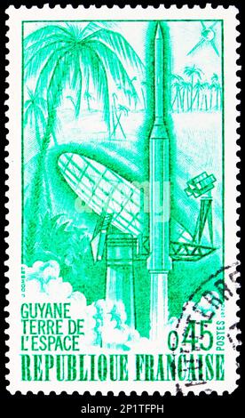 MOSCOU, RUSSIE - 15 FÉVRIER 2023 : le timbre-poste imprimé en France montre le lancement de la fusée Diamant B en provenance du Guyana, vers 1970 Banque D'Images