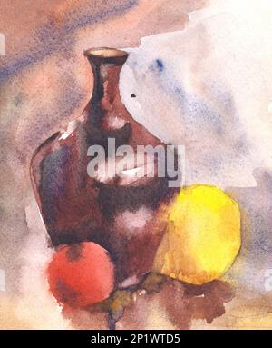 Une peinture aquarelle lumineuse encore-vie avec un pot, une pomme, sur un fond de draperies. Illustration aquarelle. Banque D'Images