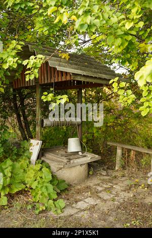 Vue à travers le feuillage vers le vieux puits avec seau en étain dans un village. Approvisionnement en eau à la campagne Banque D'Images