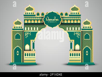 Le ramadan est un lieu de rencontre avec une arche d'entrée dorée, avec un motif arabe doré, un lieu de rencontre pour le mois Saint de la communauté musulmane Ramadan Kareem. Illustration de Vecteur