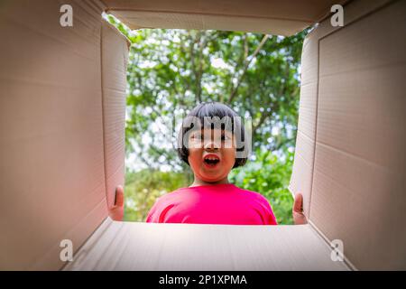 Enfants asiatiques jouant dans des boîtes en carton Banque D'Images