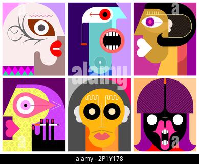 Six portraits illustrations vectorielles en couches d'art moderne. Composition de six images abstraites différentes du visage humain. Banque D'Images