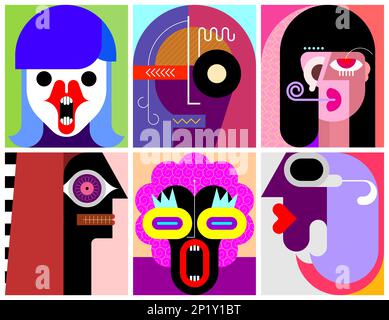 Six portraits illustrations vectorielles en couches d'art moderne. Composition de six images abstraites différentes du visage humain. Banque D'Images