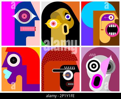 Six portraits illustrations vectorielles en couches d'art moderne. Composition de six images abstraites différentes du visage humain. Banque D'Images