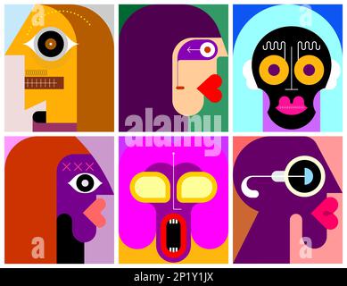 Six portraits illustrations vectorielles en couches d'art moderne. Composition de six images abstraites différentes du visage humain. Banque D'Images