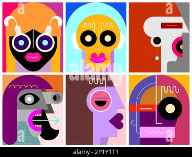 Six portraits illustrations vectorielles en couches d'art moderne. Composition de six images abstraites différentes du visage humain. Banque D'Images