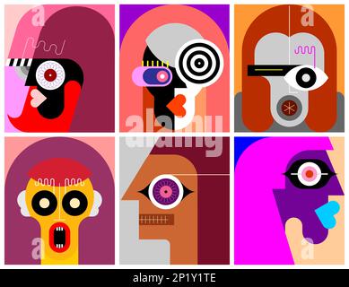 Six portraits illustrations vectorielles en couches d'art moderne. Composition de six images abstraites différentes du visage humain. Banque D'Images