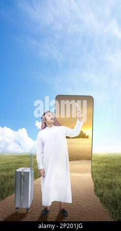 Homme arabe portant le keffiyeh regardant le téléphone portable en dehors de l'écran du téléphone portable Banque D'Images