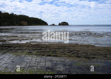 Trottoirs à facettes à Eaglehawk Neck Bay et Clyde Island, dans la péninsule de Tasman, une caractéristique géologique remarquable avec des formations rocheuses géométriques. Banque D'Images