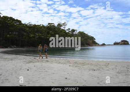 Mère et fille se promènent sur la plage de Clyde's Island, près des trottoirs Tessellated, Eaglehawk Neck Tasmania Banque D'Images