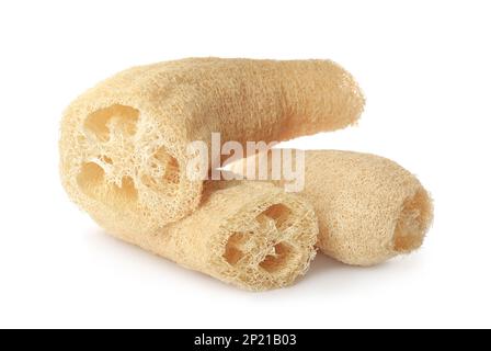 Groupe d'éponges naturelles de loofah isolées sur blanc Banque D'Images