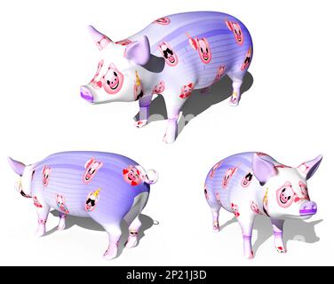 ilustación 3d de un cerdo decorado con emoticonos. Figuras aislades sobre fondo blanco Banque D'Images