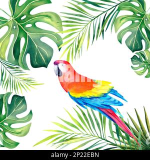 Perroquet de macaw dans la jungle tropicale. Monstera. Branche Palm. Composition tropicale. illustration aquarelle sur un arrière-plan isolé Banque D'Images