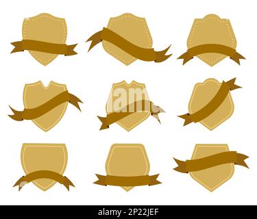 Collection de badges vierges dorés ou de formes de bouclier avec rubans. Banque D'Images