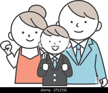 Un homme souriant étudiant dans un uniforme de blazer et ses parents. Illustration familiale du fils et des parents. Illustrations de style simples avec contours. Illustration de Vecteur