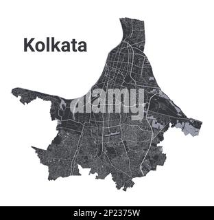 Carte de Kolkata. Carte vectorielle détaillée de la zone administrative de la ville de Kolkata. Vue sur l'aria métropolitain avec affiche CityScape. Terre noire avec des routes et des avenues blanches Illustration de Vecteur