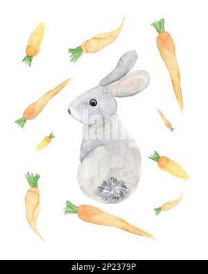 Mignon lapin avec carotte. Modèle Pâques. Illustration d'animaux aquarelle dessinés à la main Banque D'Images