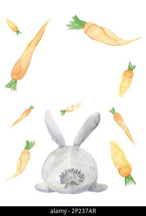 Mignon lapin avec carotte. Modèle Pâques. Illustration d'animaux aquarelle dessinés à la main Banque D'Images