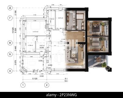 3d réalisation d'une maison privée moderne située sur le dessin technique architectural Banque D'Images