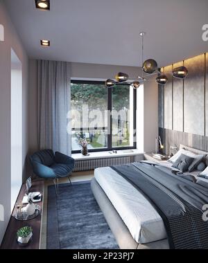 3d rendu d'une chambre moderne d'une maison privée, chambre avec vue Banque D'Images