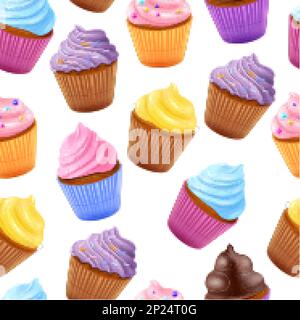 Motif cupcake réaliste, appétissant des aliments sucrés. Coeur chocolat et fruit pour la fête d'anniversaire, gâteau de fête mignon. Produits de boulangerie savoureux fond. Papier d'emballage. Texture sans couture vectorielle Illustration de Vecteur